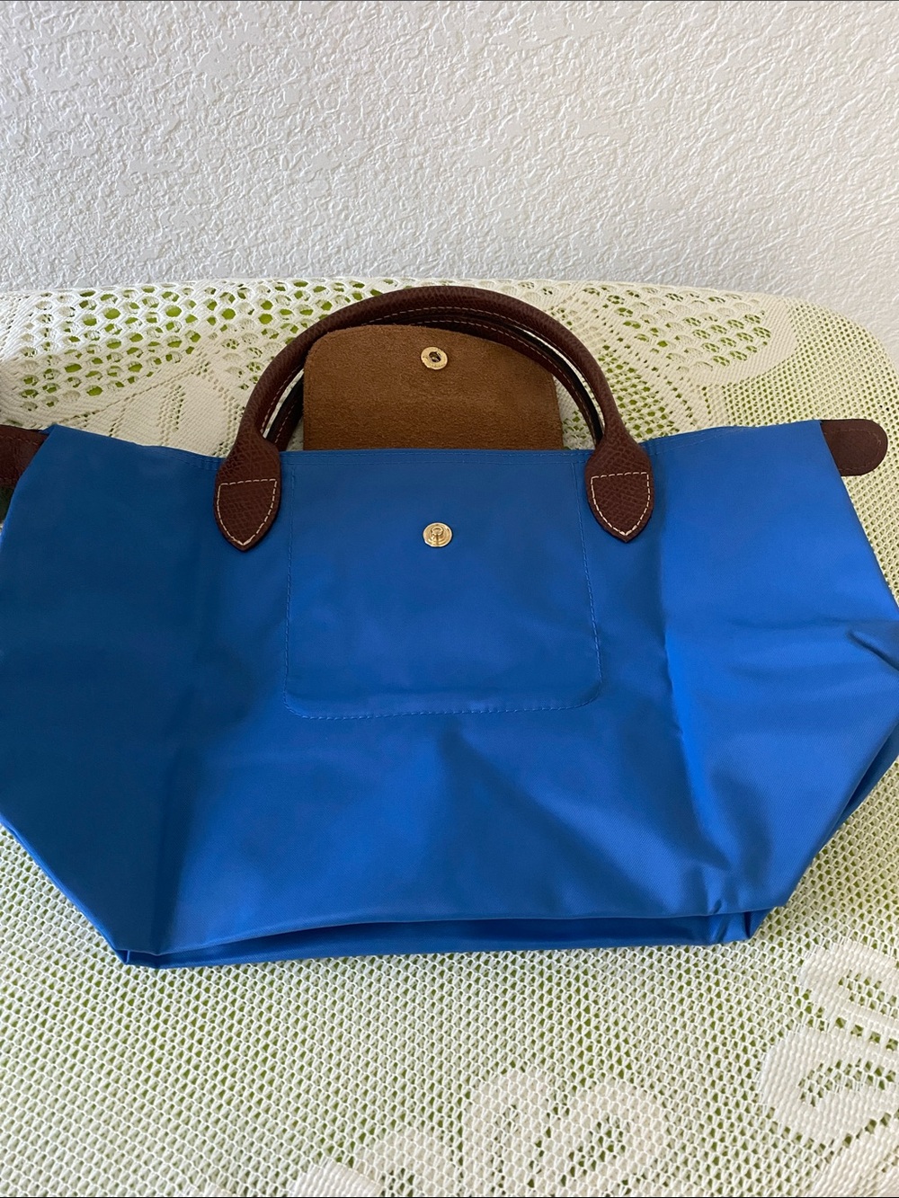 Longchamp - Small Blue Nylon Tote with Brown Leather Trim - Picture 6 of 8